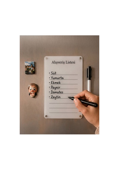 Beyaz Pleksi Alışveriş Listesi Silinebilir Yazı Tahtası Magnetli Buzdolabı Notluk 20x13 Cm