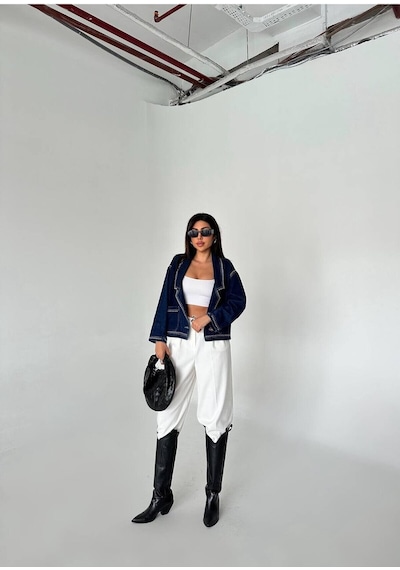Zdnjeans Kadın Droplu Detaylı Denim Ceket Blazer Yaka, Cep Detaylı Koyu Mavi