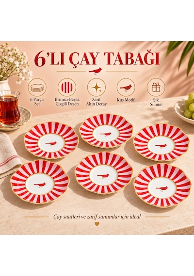 6'li Porselen Çay Tabağı Seti, Kırmızı Çizgili Kuş Desenli Gold Detaylı Diğer