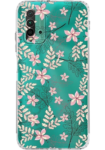 Xiaomi Redmi 9t Kamera Korumalı Kapak Floral Kırmızı Tasarımlı Şeffaf Kılıf