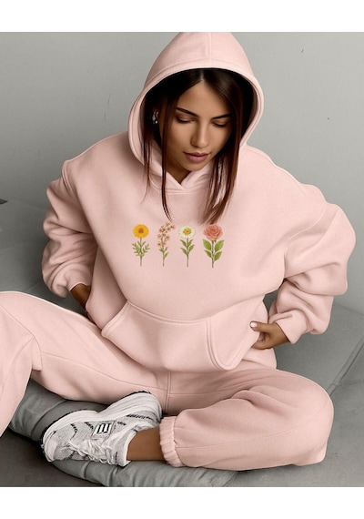 Benroma 3 İplik Penye Çiçek Baskılı Ünisex Kapüşonlu Sweat Çok Renkli