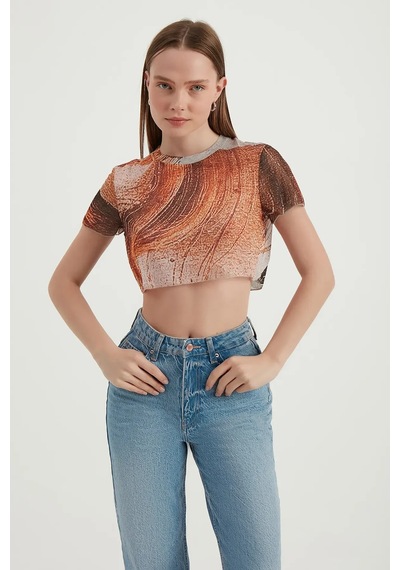 Hiccup Soyut Tül Crop Top Turuncu