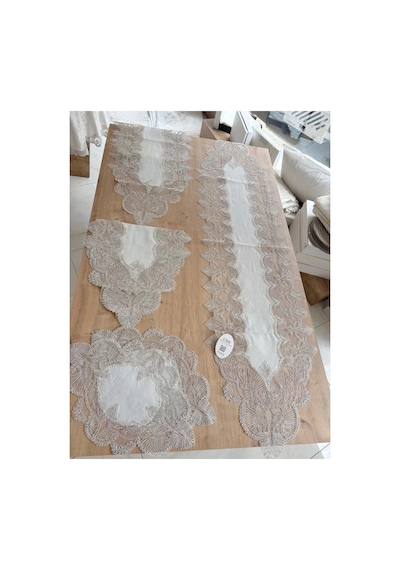Salon Takımı Angel Çeyizlik Kreme Gold Runner Set 5 Parça Keten Ranır Masa Sehpa Konsol Örtüsü Bzckh1943 Çok Renkli