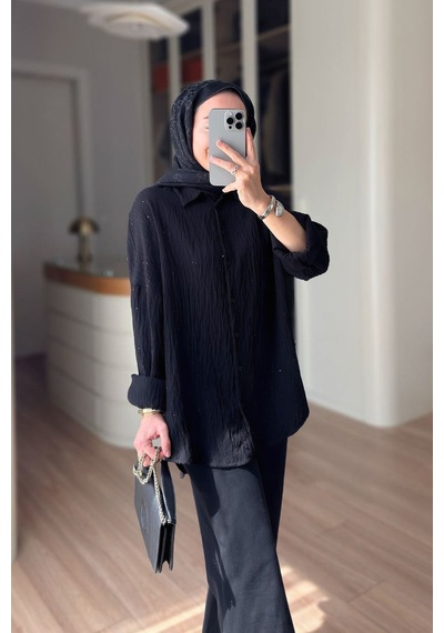 Kahijab Nakışlı Pul Detay Oversize Gömlek - Siyah