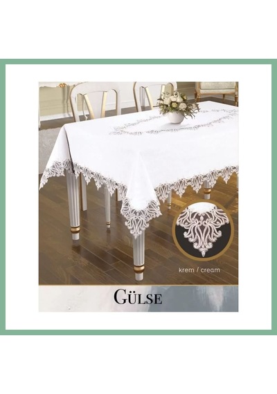 Bşkvirgo Keten Dantelli Gülse Model 155x220 Cm Krem Yemek Masası Örtüsü Dekoratif Tasarım Bsk2026