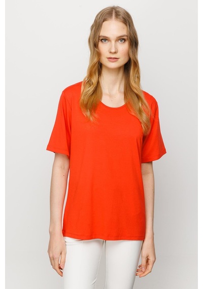 Kadın Sıfır Yaka Basic Penye T-shirt Oranj Oranj