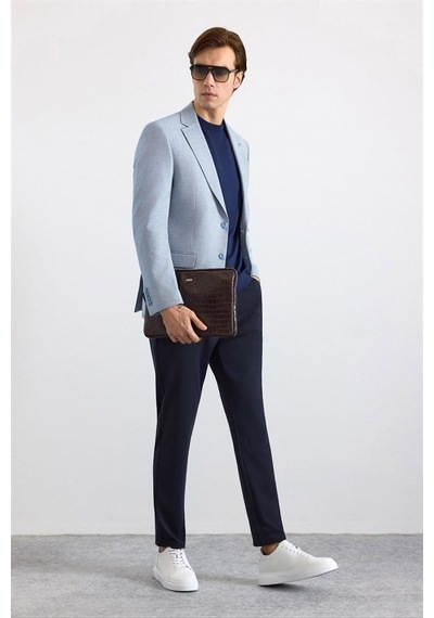 Süvari Saks Mavi Slim Mono Yaka Torba Cep 6 Drop Klasik Ceket Ct2021600434-m05
