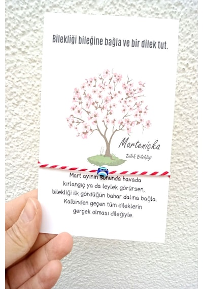 Nazar Dilek Ağacı Marteniçka Dilek Bilekliği - Kartlı Ve Jelatinli - Şans Bilekliği- 5 Adet - 9x14 Kırmızı - Beyaz
