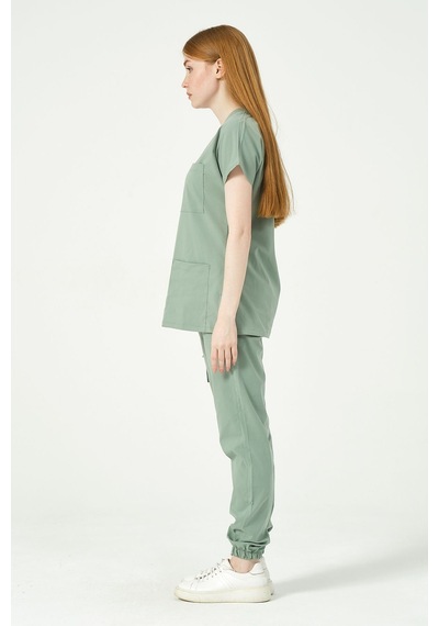 Çağla Yeşili Likralı Scrubs Kargo Cep Jogger Paça Doktor Hemşire Forması Yarasa Kol Takım Unisex