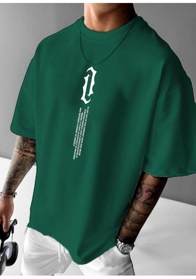 Dikey Yazı Baskılı Oversize Tişört Yeşil