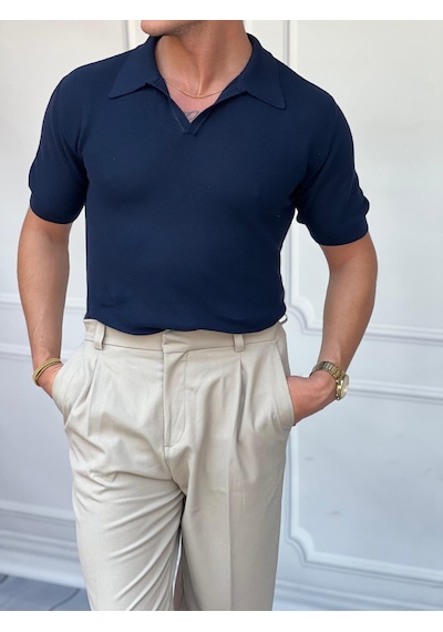 Modefendi Polo Yaka Örme Triko Tshirt Lacivert