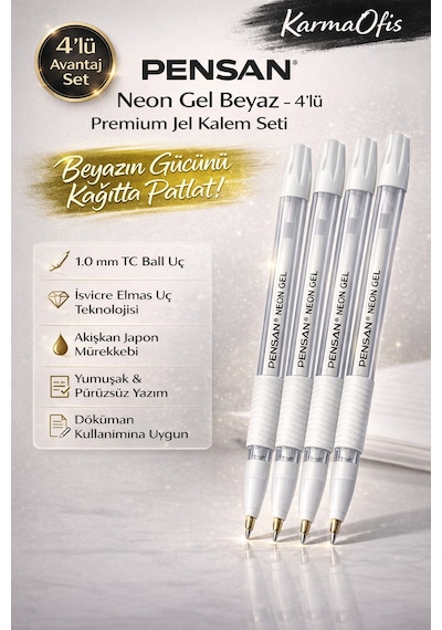 Neon Gel Beyaz Jel Kalem Seti 1.0 Mm 4 Adet Premium Akışkan Japon Mürekkepli Diğer