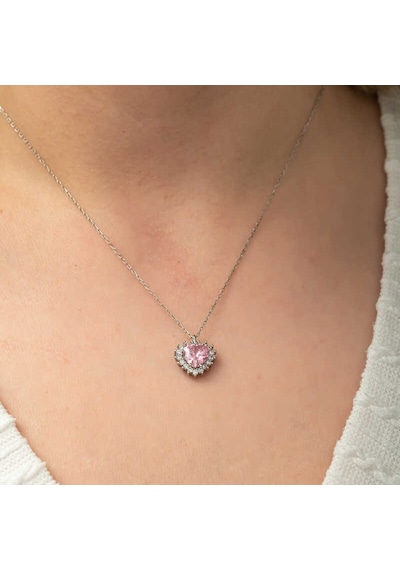 Gümüş Pembe Taşlı Kalp Kadın Kolye 14 MM Gümüş