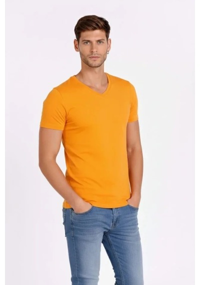 Butik İstanbul Erkek T-shirt V Yaka Slim Fit Dar Kesim Likralı Tişört Günlük Basic Body - Sarı