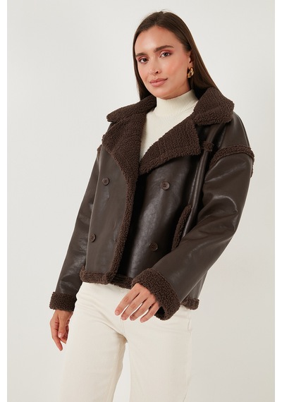 Lela Oversize Kruvaze Yaka Peluş Detaylı Suni Deri Biker Ceket Bayan Mont 6810247 Kahve