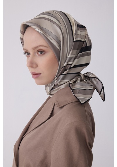 Geometrik Desen İpek Twill Eşarp T 4311 Siyah-Vizon