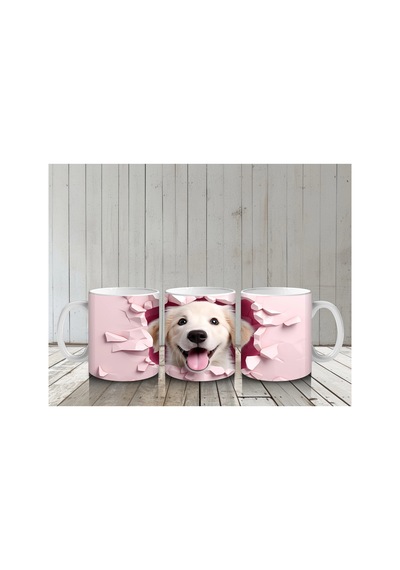 Pembe Kalp Duvarı Delen Sarı Köpek Baskılı Kahve Kupası Renkli