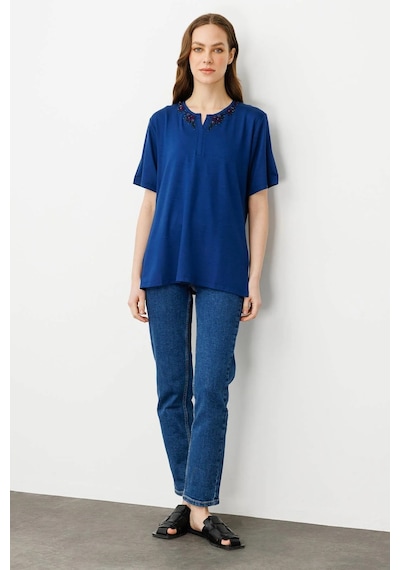 Desen Triko Kadın Açma Yaka Dantel Çiçek İşlemeli Penye T-shirt 24751 Indigo Indigo