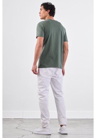 Dufy Haki Bisiklet Yaka Pamuklu Düz Renk Slim Fit Erkek T-shirt Haki