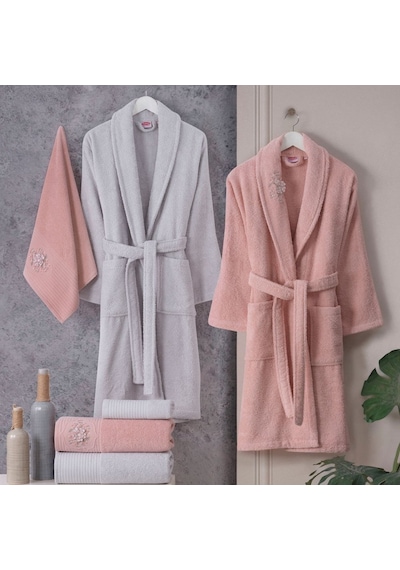 Hobby Line %100 Saf Pamuk Aile Bornoz Seti-pembe Gri Pembe - Gri