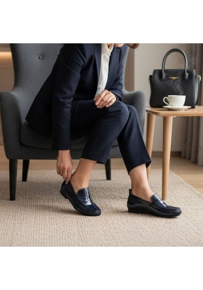 Ne&ve Shoes Lacivert Rugan Deri Astarsız Esnek Kadın Günlük Şık Ve Rahat Loafer