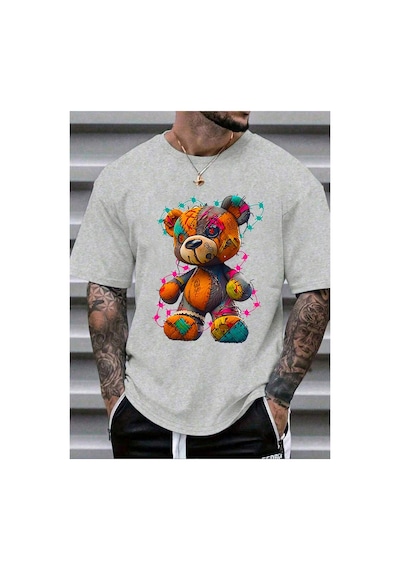 Caddemia Yaz Moda Rahat Spor Gevşek Büyük Karikatür Teddy Bear Desen Baskılı Yuvarlak Gri 2XL Caddemia Yaz Moda Rahat Spor Gevşek Büyük Karikatür Teddy Bear Desen Baskılı Yuvarlak Gri 2XL