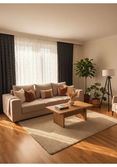 Nivemeshome Sedef 1-0093 Tam Desen Ekru 1/3 Pileli Tül Perde Çok Renkli