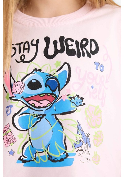 DeFacto Kız Çocuk Disney Lilo & Stitch Bisiklet Yaka Kısa Kollu Tişört E6507A825HSPN343 Pembe