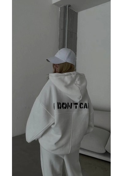 Defymoda Nakış İşlemeli Üç İplik Sweat Takım- Beyaz Beyaz