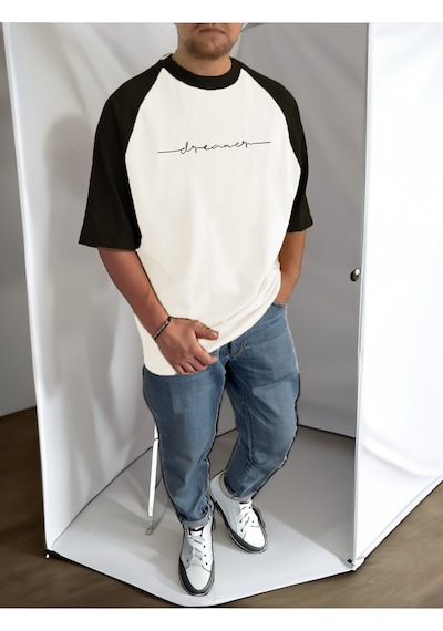 Startmore Oversize Erkek Dreamer Baskılı Bisiklet Yaka T-shirt Beyaz