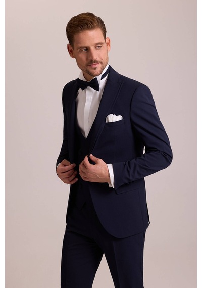 Ysf Erkek Lacivert Slim Fit Likralı Sivri Yaka Yelekli Damatlık