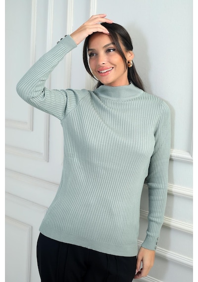 By Saygı Kadın Balıkçı Yaka Basic Fitilli Kolları Düğme Detaylı Kazak-41690 SU YEŞİLİ