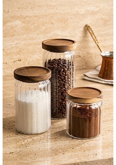 3'lü Akasya Ahşap Vakum Kapaklı Çizgili Cam Kavanoz Seti 500-700-1000 Ml - Oluklu Baharat Ve Kahve Kavanozu Şeffaf