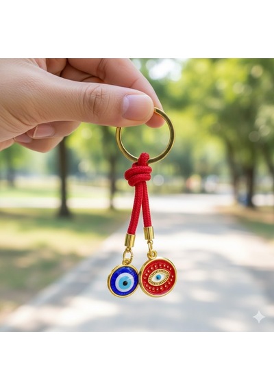 Mavi Kırmızı Nazar Boncuklu Anahtarlık - Premium Metal Halkalı Koruyucu Charm