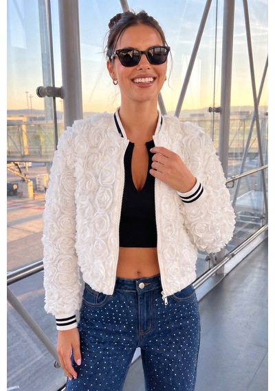 Weshaya New Collection Kadın Yeni Sezon, Beyaz, Gül Süzüneli, Fermuarlı Ceket Mont
