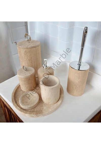 Sarı Traverten Klasik Model 7 Parça Gümüş Renk Halka Aksesuarlı Banyo Seti Sarı Traverten