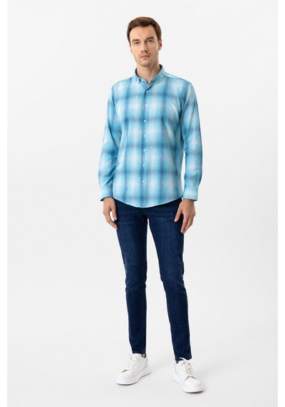 Süvari Turkuaz Slim Fit Desenli Düğmeli Yaka Gömlek