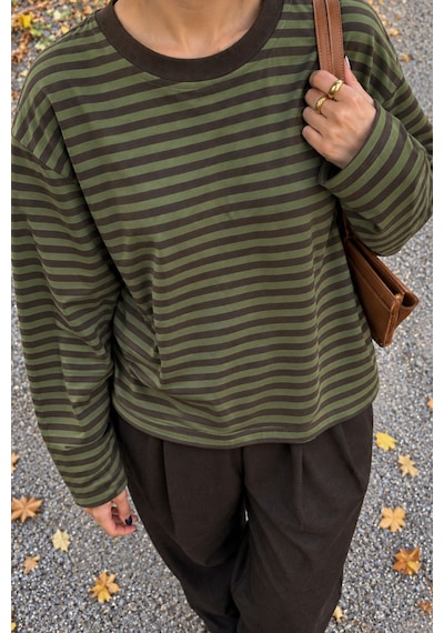 Hiccup Bıpantolon Kadın Oversize Çizgili Bisiklet Yaka Sweatshirt Yeşil