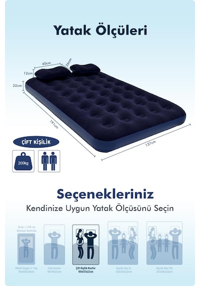 Livenzi Nature Çift Kişilik Şişme Yatak Yastık + Manuel Şişirme Pompası 191 137 22 Cm Lacivert