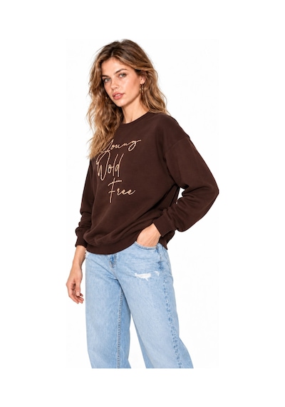 Mevese Kadın Parlak Taş Baskılı Salaş Kesim Üç İplik Sweatshirt - Acı Kahve Kahverengi