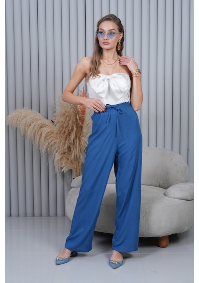 Polologin Butik Beli Bağcıklı Yüksek Bel Bol Paça Mavi Pantolon Kapalı Mavi