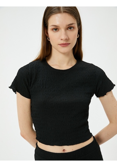 Koton Crop Tişört Dokulu Kısa Kollu Bisiklet Yaka Siyah 4sak50525ek Siyah
