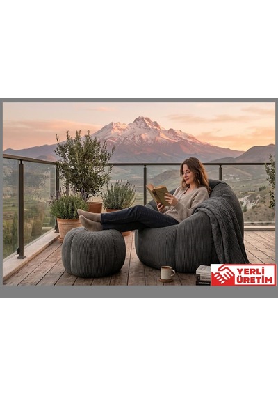 Herev Puf/ Tekli Puf Berjer / Baba Koltuğu / Papatya Modelli Kadife Kumaşlı Puf Takımı Füme - Gri