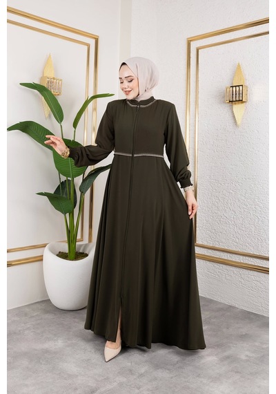 Nevayla Moda Yaka Ve Bel Nakış Detaylı Ferace - Haki / F0143 Haki