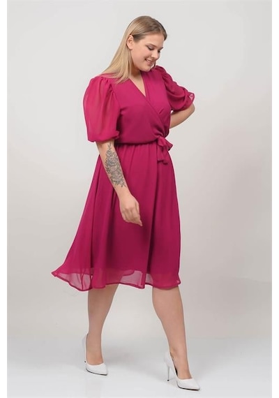 Dip Moda Kadın Astarlı Büyük Beden Şifon Elbise Dpnb8062 Mürdüm