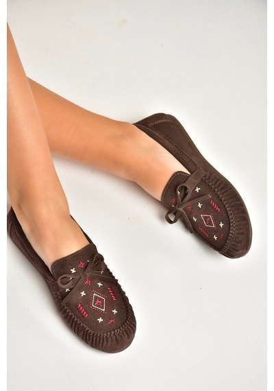 Fox Shoes Y996073102 Kahverengi Süet Renkli Motif İşlemeli Kadın Babet Kahverengi