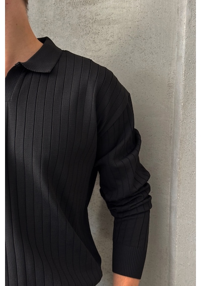 Erkek Polo Yaka Fitilli Oversize Triko Kazak Siyah
