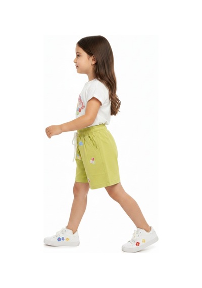 Toontoy Kids Toontoy Kız Çocuk 2'li Şortlu Takım Bisiklet Yaka Kısa Kollu Baskılı Tişört Beli Bağlamalı Baskılı Şort 25034 Yeşil