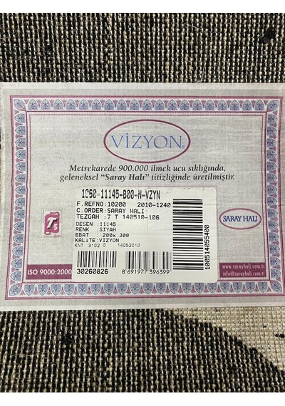 Saray Halı Vizyon 11145 B 200X300 Siyah Gri Ağaç Modeli 6 M2 Halı