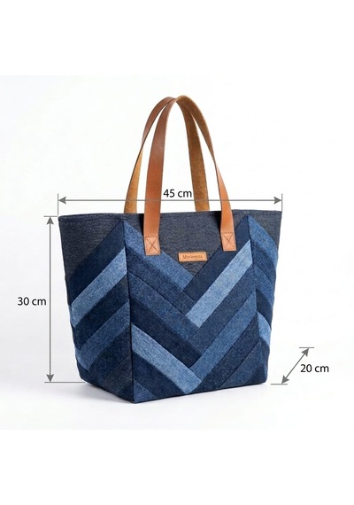 Kadın El Yapımı Patchwork Çok Parçalı Denim Omuz Çantası - Özel Tasarım Kot Tote Bag Çok renkli